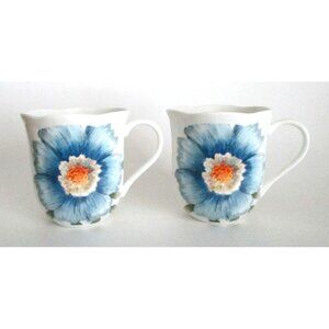 2 Lenox Butterfly Meadows Blue Vintage Coffee Tea Mugs - Blue Flowers Butterfly